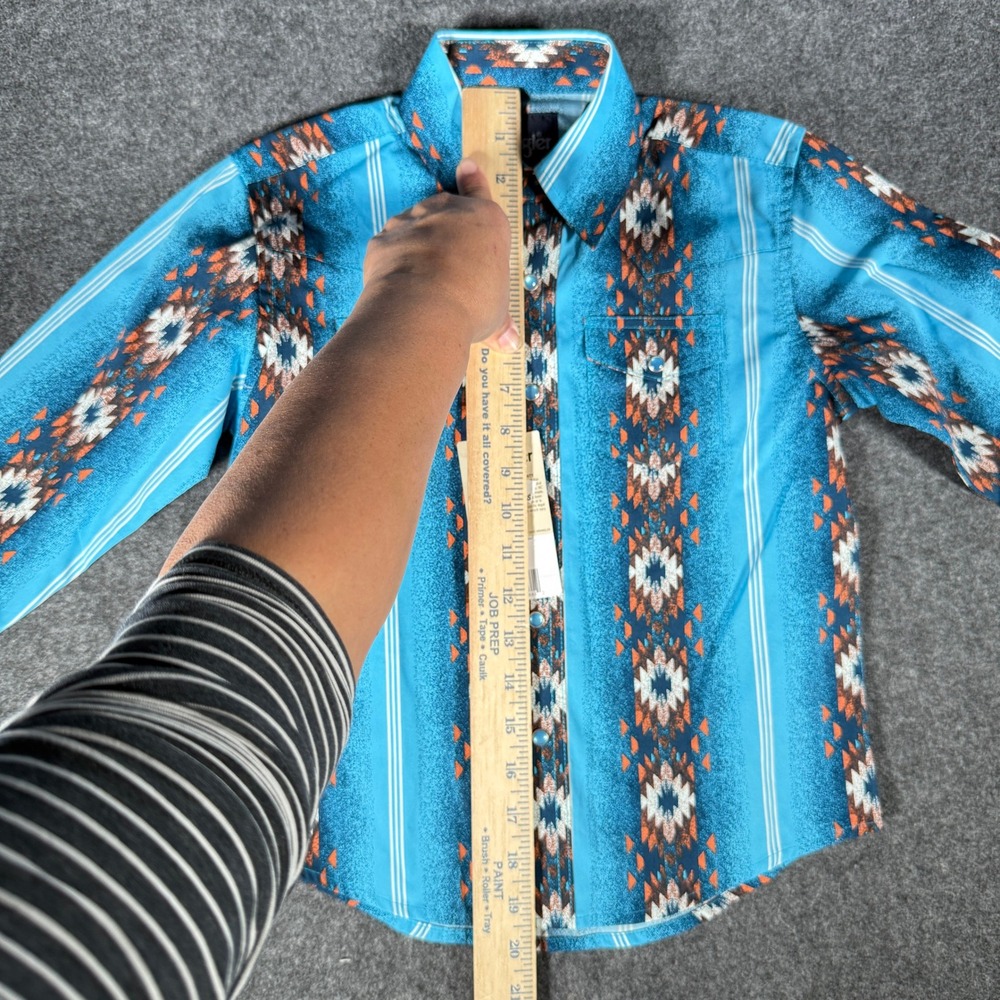 Wrangler Checotah Kids Western Snap Shirt Turquoise Blue Aztec Print S 112365829 - Picture 4 of 9